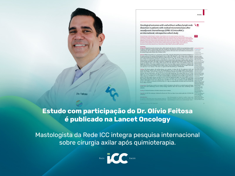 Dr. Olívio Feitosa, mastologista da Rede ICC, ao lado do estudo publicado na Lancet Oncology sobre esvaziamento axilar após quimioterapia no câncer de mama